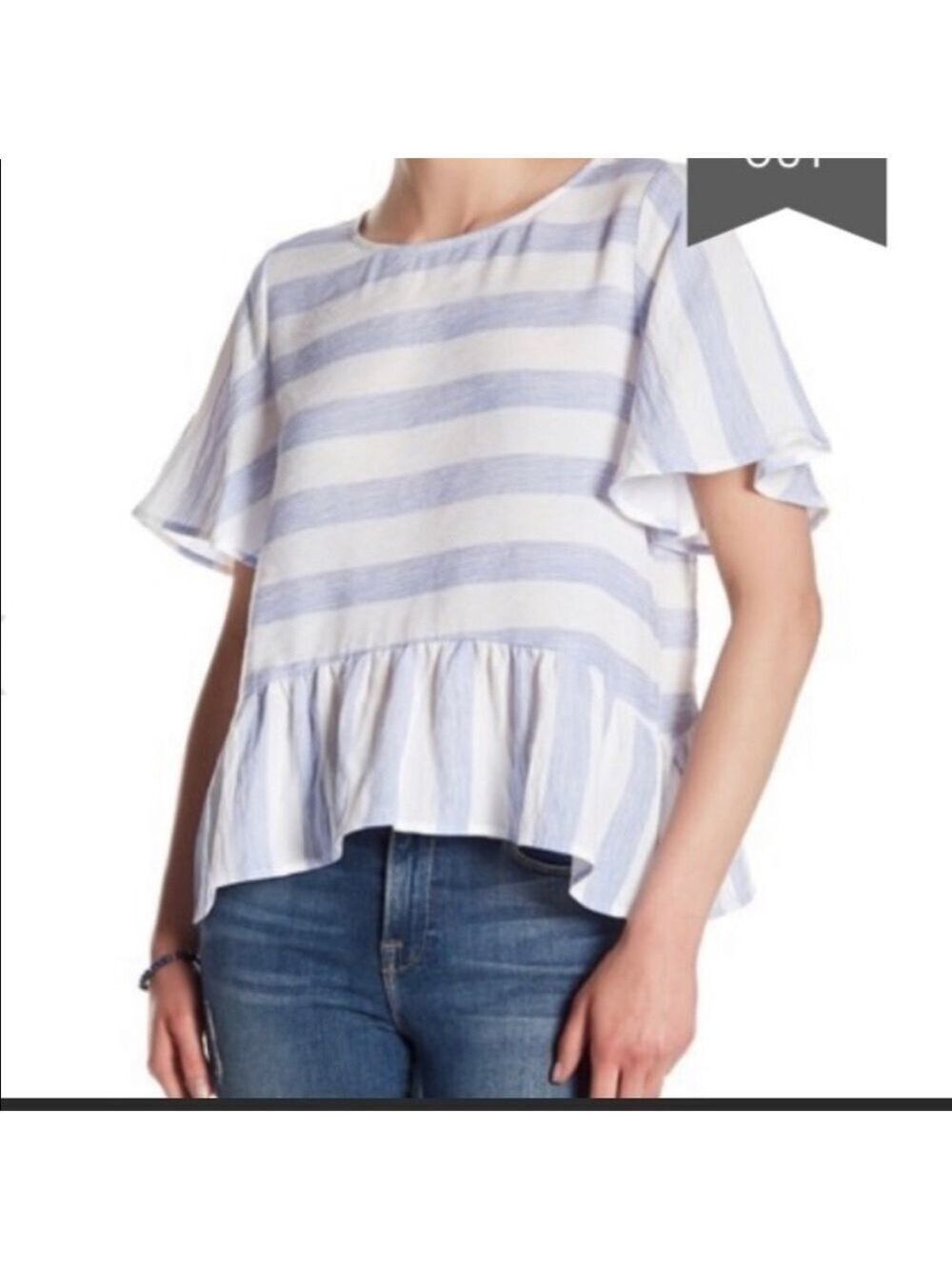 𝅺skies Are Blue Stripe Ruffle Sleeve Peplum Hem Top - Picture 8 of 8